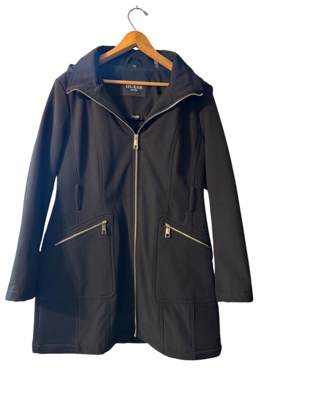 Guess Black Hooded Softshell Coat Gold Zipper Womens Large